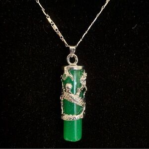 Dragon Coil Green Jade Pillar Men Women Column Pendant Chain Necklace 18KWGP 17"